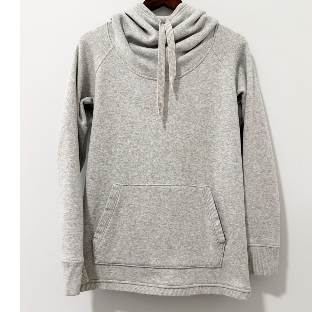 Athleta Cowl Neck Hoodie Women Small Gray Fleece Lined Kangaroo Pocket Pullover